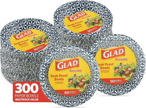 Glad Round Disposable Paper Bowls, Blue Mosaic, 16 Oz, 50 Count, 6-Pack