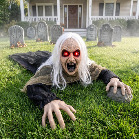 Hourleey Halloween Decorations Outdoor, Sound Activated Climbing Zombie Groundbreaker with Lighted Eyes and Scary Sound, Animated Halloween Decor for Yard Lawn Graveyard Haunted House Prop