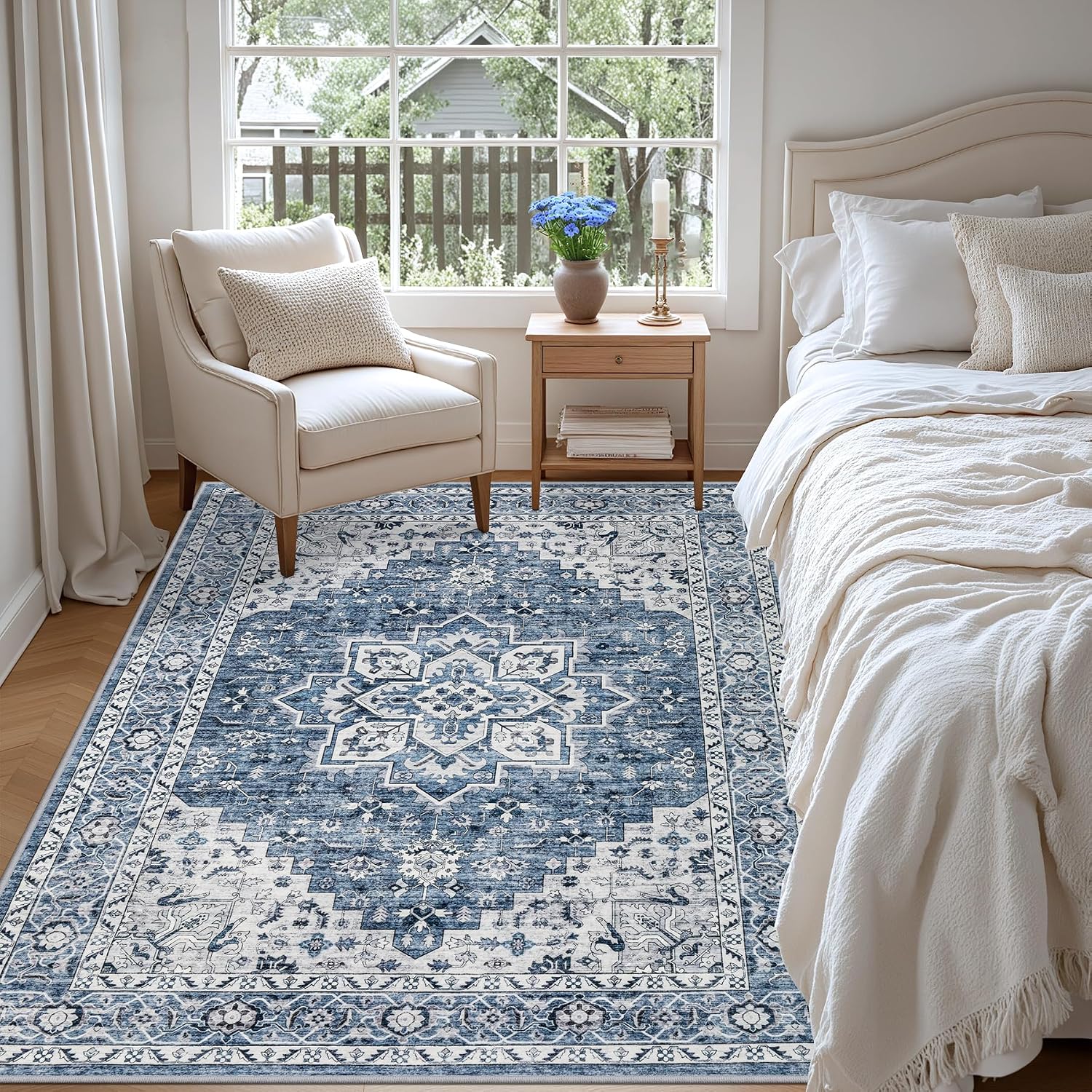 5x7 Area Rugs Living Room: Washable Vintage Rug for Bedroom Blue