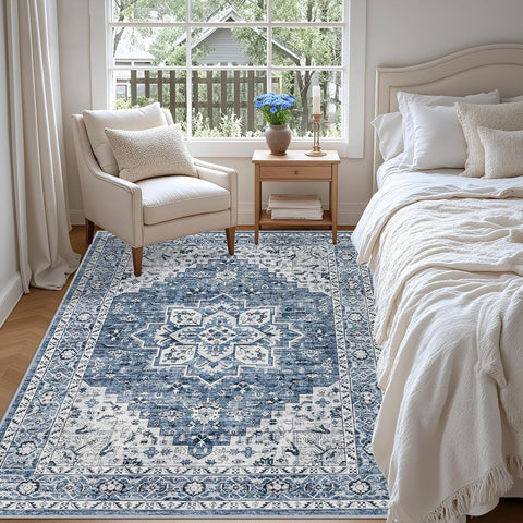 5x7 Area Rugs Living Room: Washable Vintage Rug for Bedroom Blue