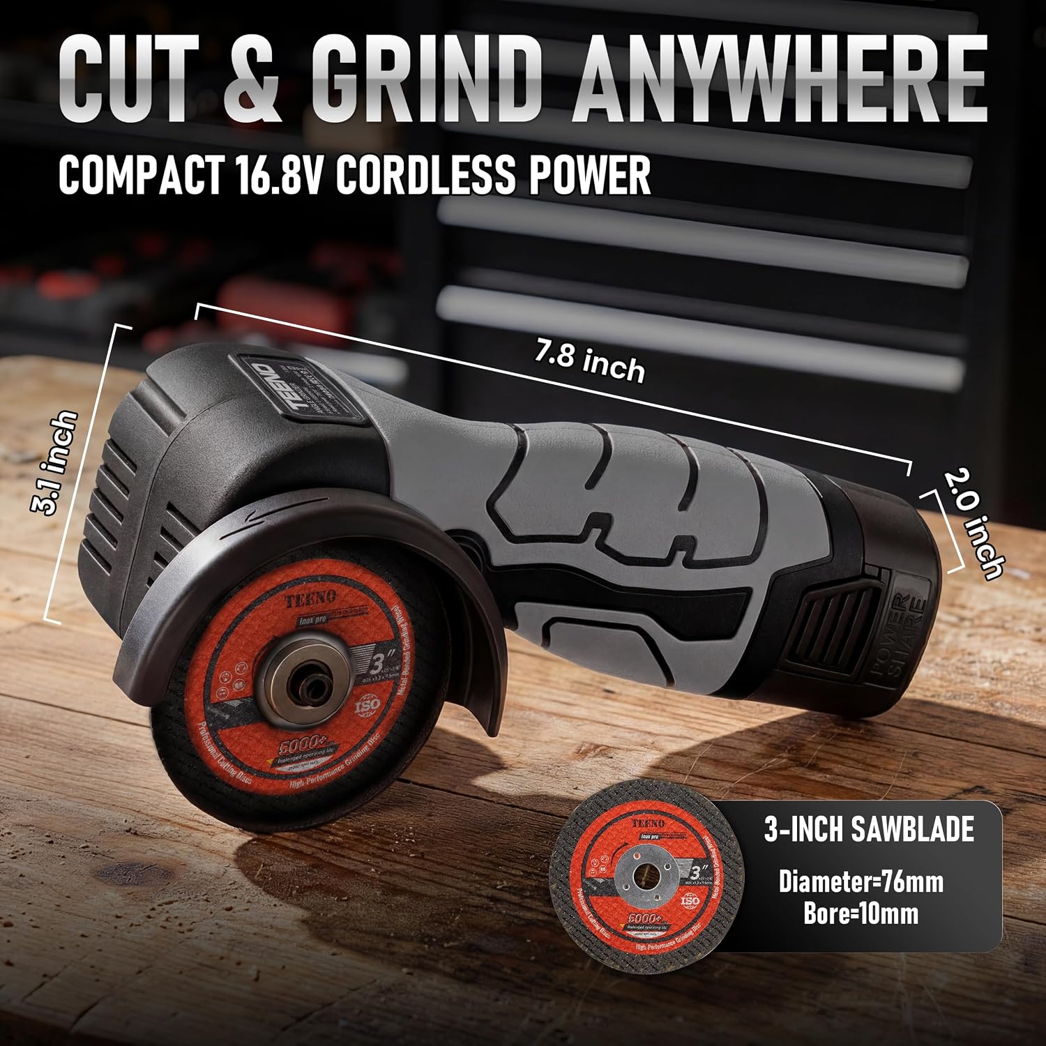 TEENO Cordless Angle Grinder Kit, 19,500 RPM Mini Handheld Grinder Tool with 2x 16.8V 2000mAh Batteries & 6 Discs, 3-Inch Cut-Off Grinder for Metal, Wood Cutting, Grey