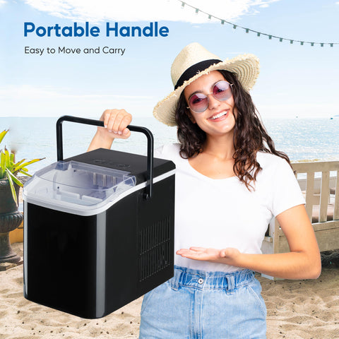 HealSmart Countertop Ice Maker Machine, Fast Making 9 Ice Cubes in 6 Minutes, Self-Cleaning with Scoop, Basket & Handle, 26.5lbs/24Hrs, 2 Sizes Bullet Ice, Portable for Kitchen, Office, Party, Black