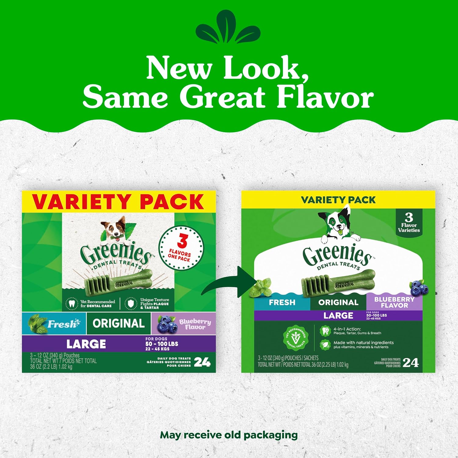Greenies Large Dental Dog Treats, Mint, Original, & Blueberry, 24 Count