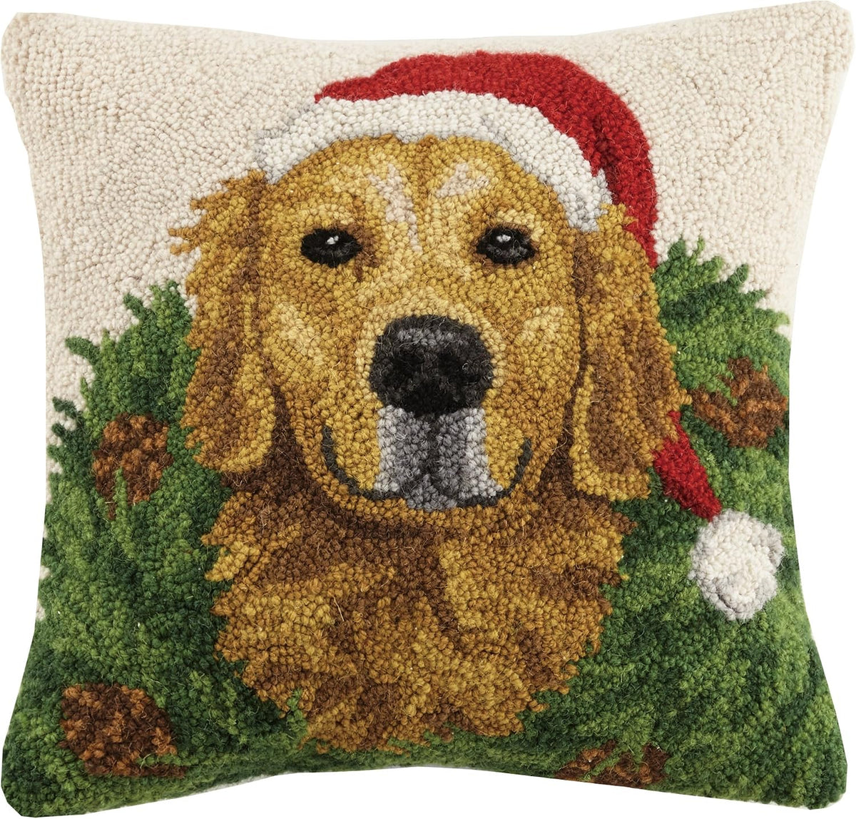 Peking Handicraft 31SJM8395C16SQ Christmas Dogs Hook in Wreath Golden Retriever Wool Throw Pillow, Multicolored