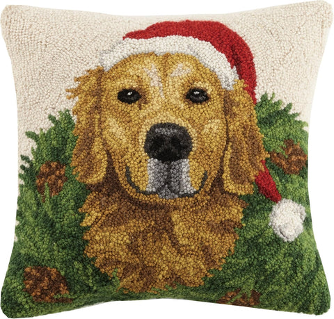 Peking Handicraft 31SJM8395C16SQ Christmas Dogs Hook in Wreath Golden Retriever Wool Throw Pillow, Multicolored