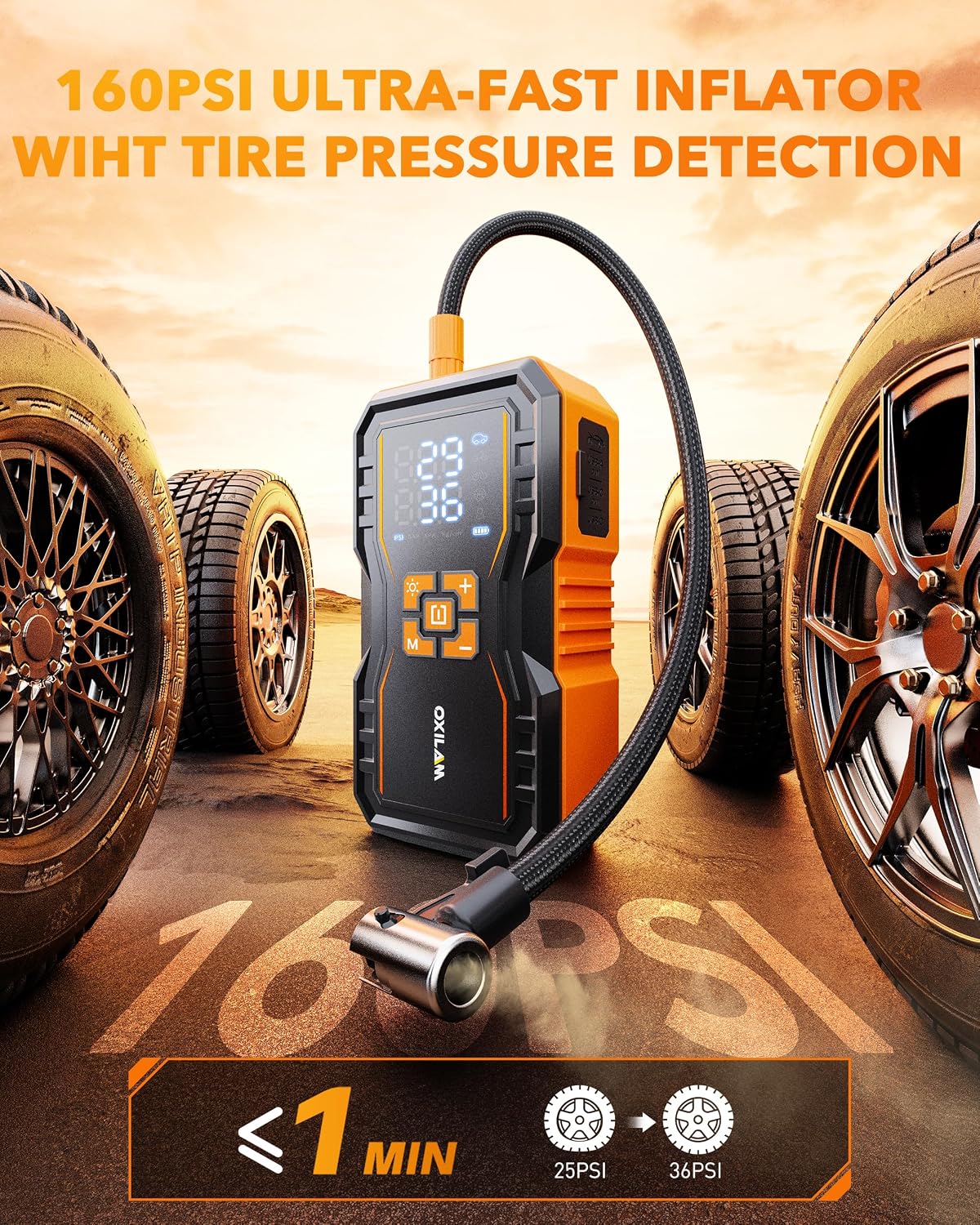 OXILAM 7000A Jump Starter with Air Compressor 160 PSI for All Gas/12L Diesel, 12V Battery Jumper Starter Portable with Auto-Shutoff Tire Inflator, Jumper Cables, LED Display, LED Light, Power Bank
