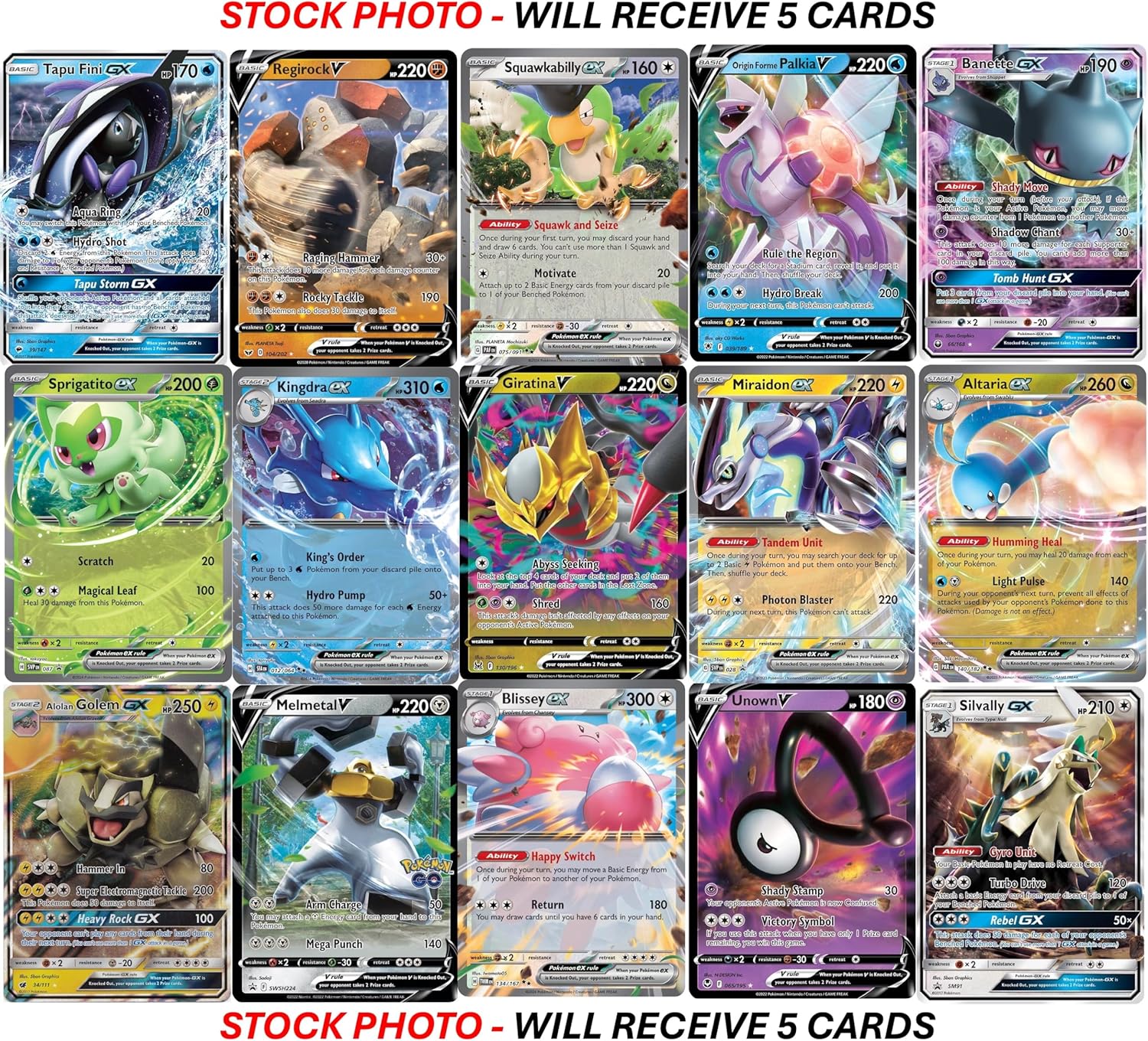 5 Pokemon Ultra Rare Card Lot - V, Gx, ex, Assorted Variety - No Duplicates