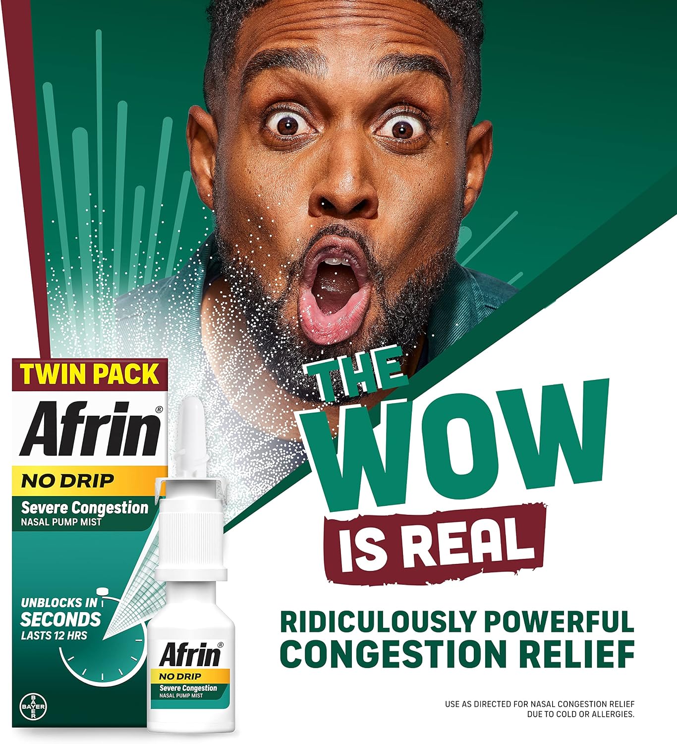 Afrin No Drip Severe Congestion Nasal Spray Twin Pack, Non-Drowsy, Fast-Acting Nasal Decongestant for Nasal Congestion and Sinus Pressure Relief, Adults and Children 6 and Older, .5 fl oz (Pack of 2)