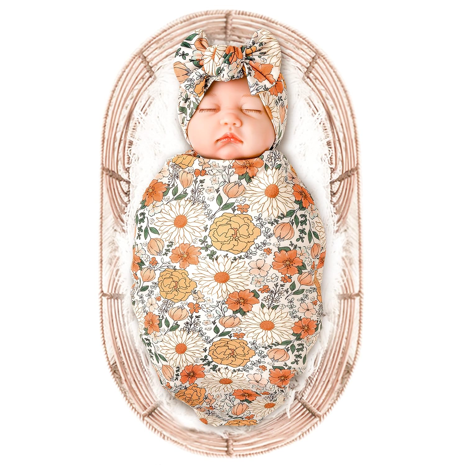 Konssy Baby Blanket & Headband Set, 32 x 32 Inch Swaddle Receiving Blanket