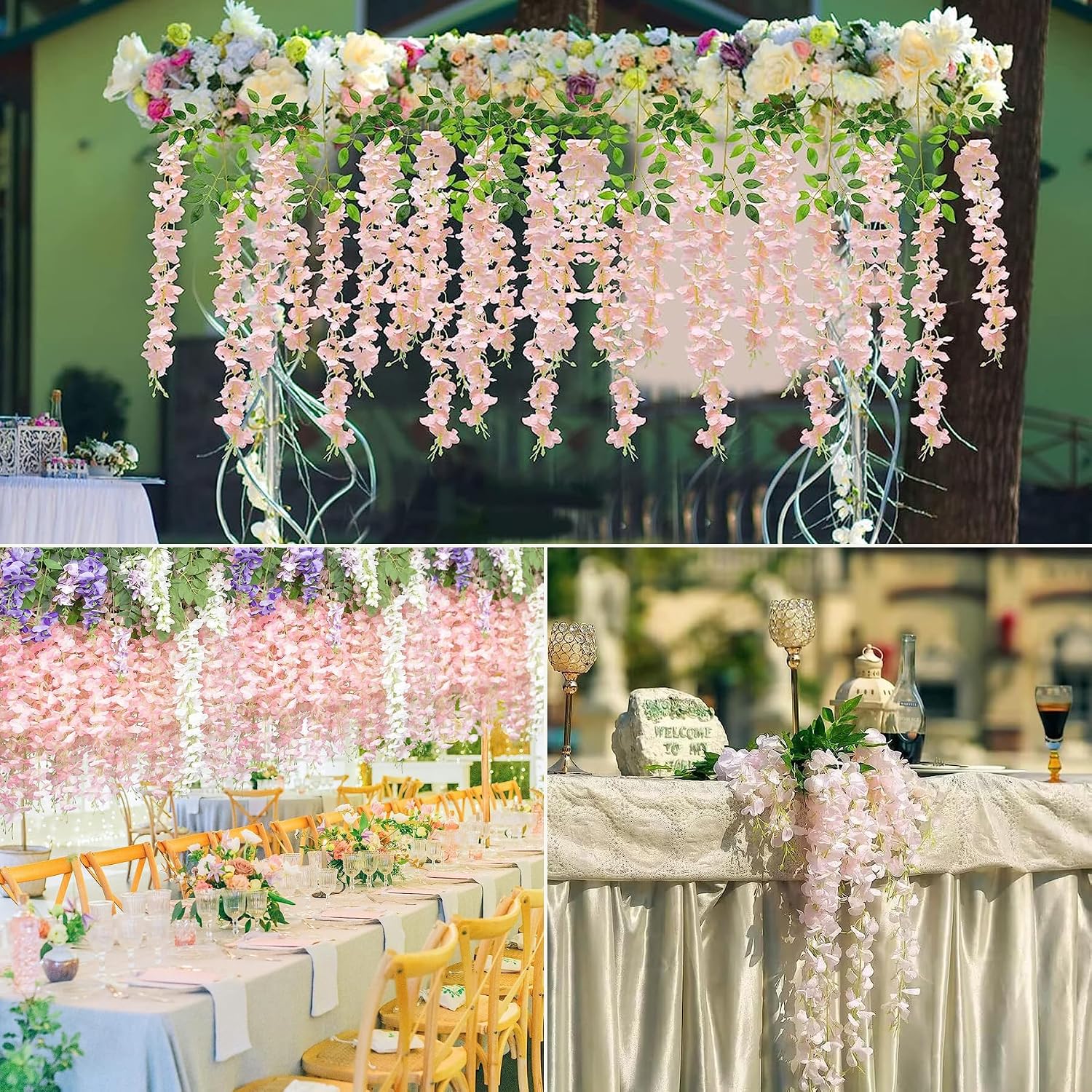 108pcs Artificial Wisteria Flowers 3.6 Feet/Piece Pink Dense Artificial Fake Wisteria Vine Ratta Hanging Garland Silk Flowers String Home Party Wedding Decor（Pink-Dense）
