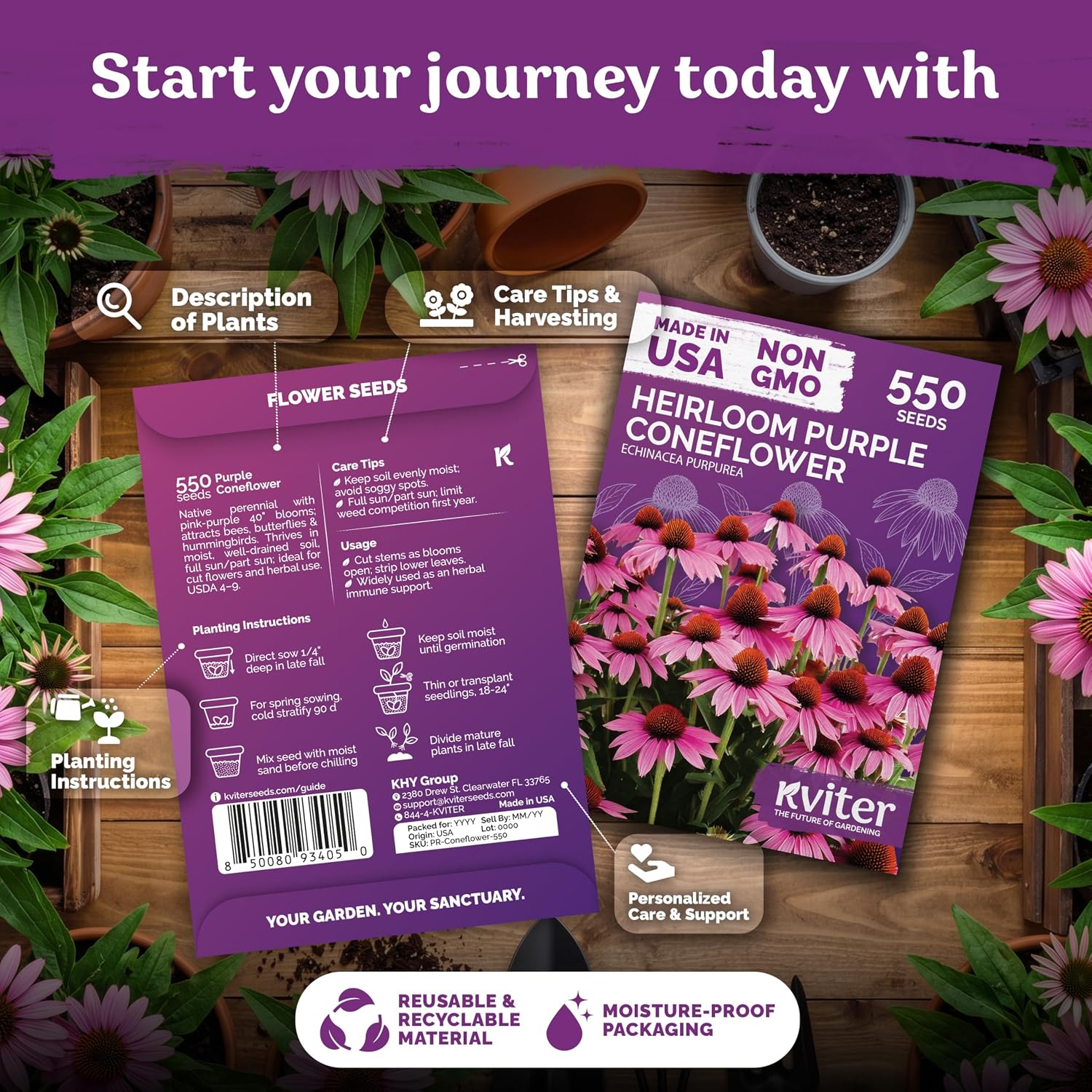 550 Purple Coneflower Heirloom Flower Seeds, Echinacea Purpurea