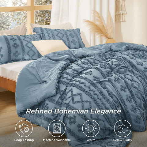 Bedsure Tufted Boho Comforter Set Queen Size - Dusty Blue Boho Bed Set, GentleSoft™ 3 Pieces Farmhouse-Style Embroidery Bedding, Gifts for Woman, Soft Jacquard Kids' Queen Comforter for All Seasons