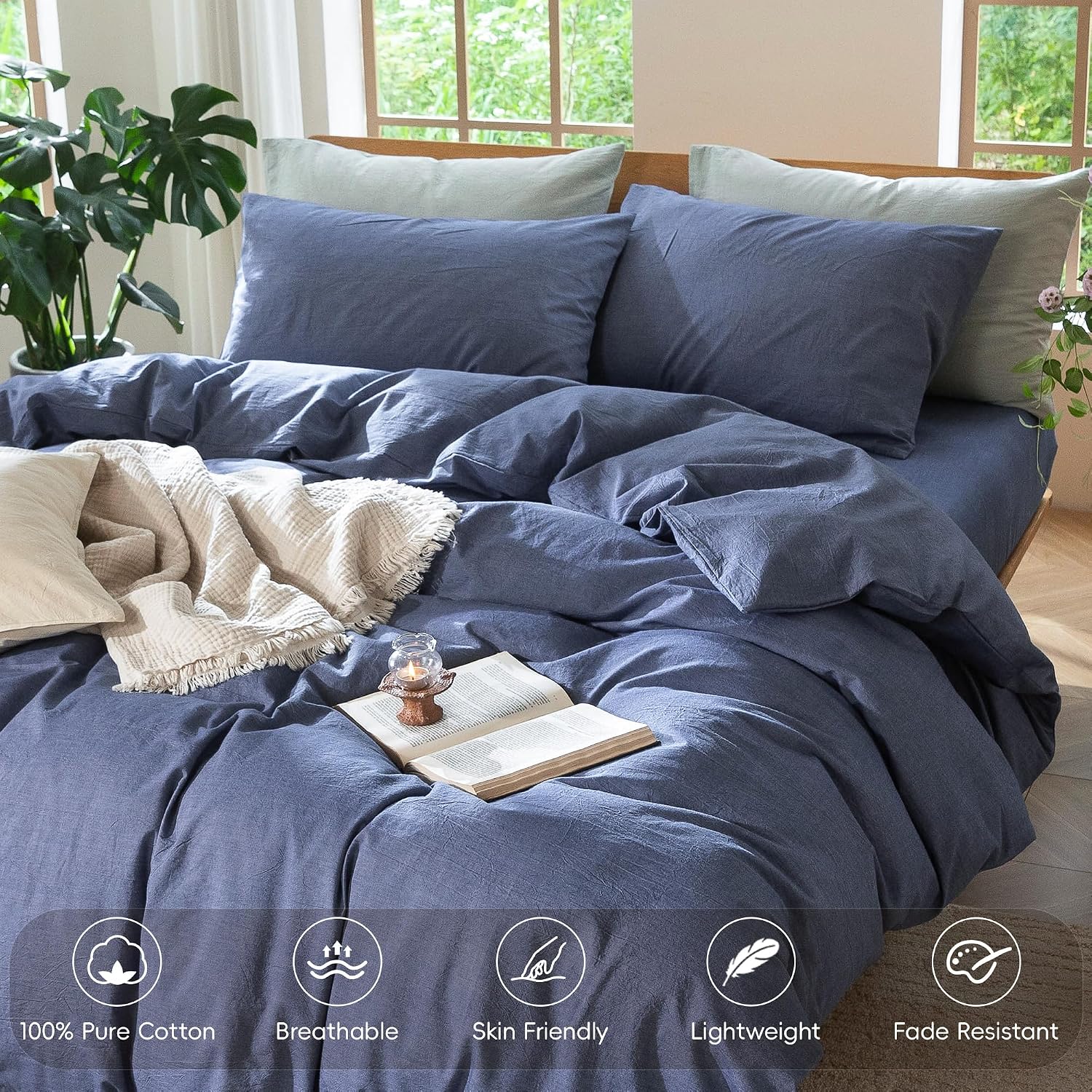 MooMee Duvet Cover Set 100% Washed Cotton Linen Like King