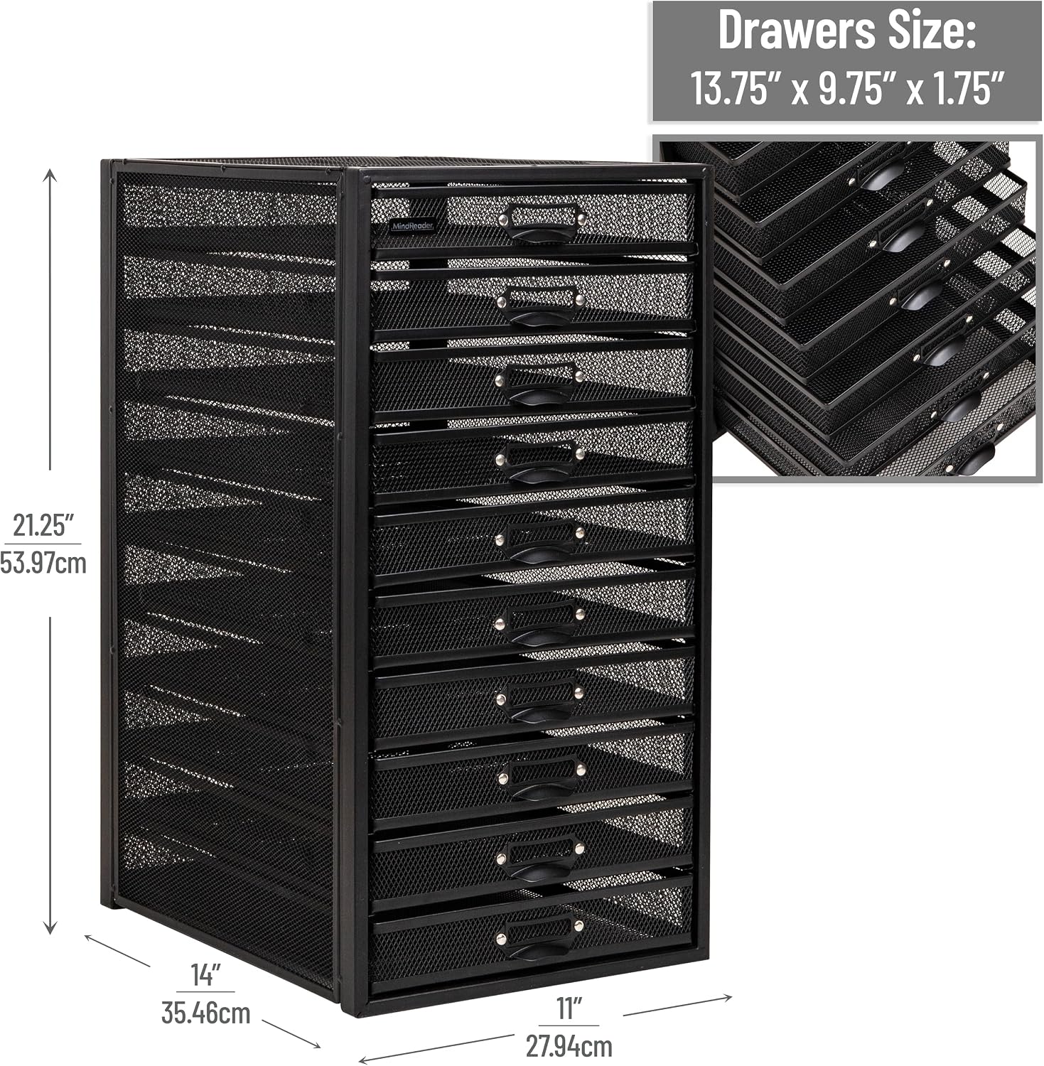 Mind Reader 10-Drawer Desk Organizer for Office Supplies, Crafts, Mail Sorting & More, Metal Mesh, Black