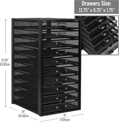 Mind Reader 10-Drawer Desk Organizer for Office Supplies, Crafts, Mail Sorting & More, Metal Mesh, Black