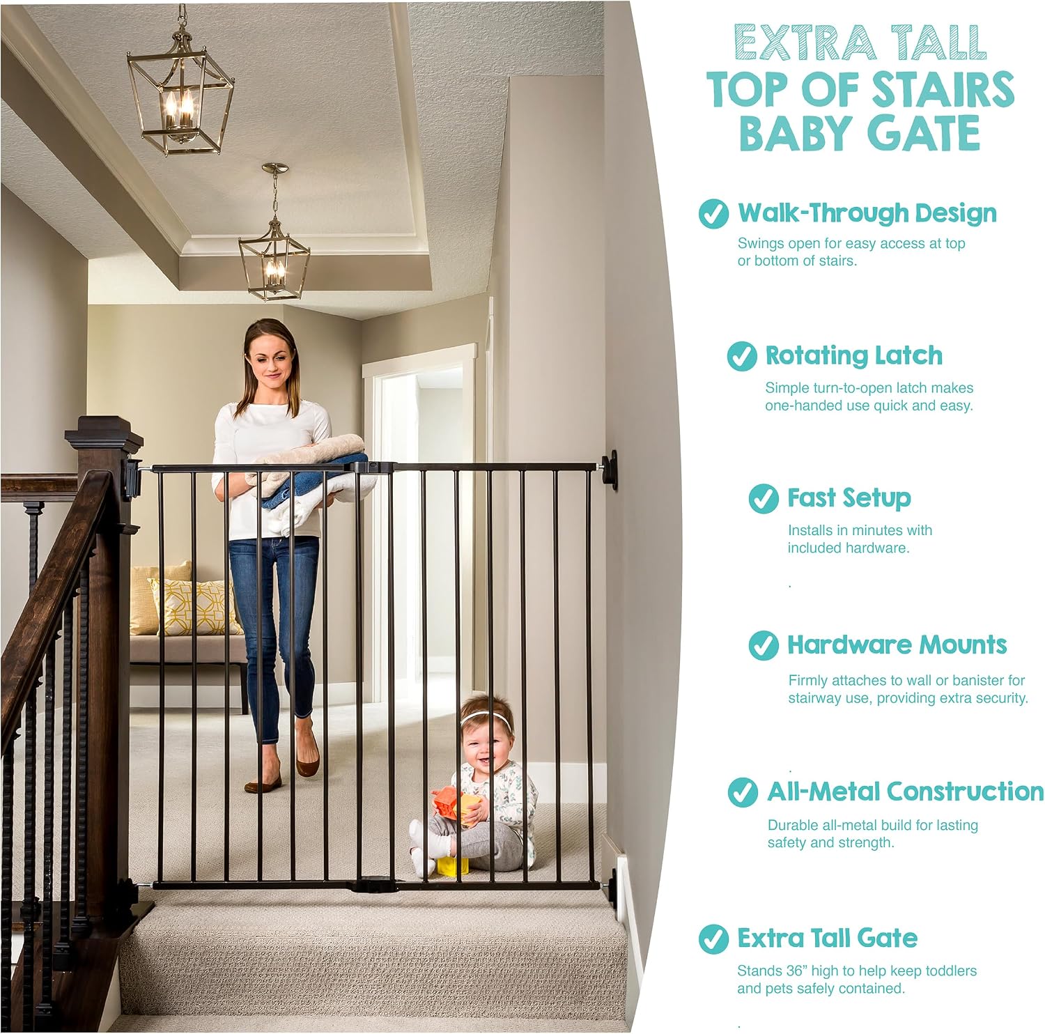 Regalo Safety 36" Extra Tall Baby Gate for Top of Stairs & Dooways