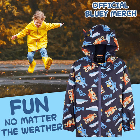 Bluey Girls Raincoat With Hood, Waterproof Fleece Lined Outdoor Rainwear For Kids