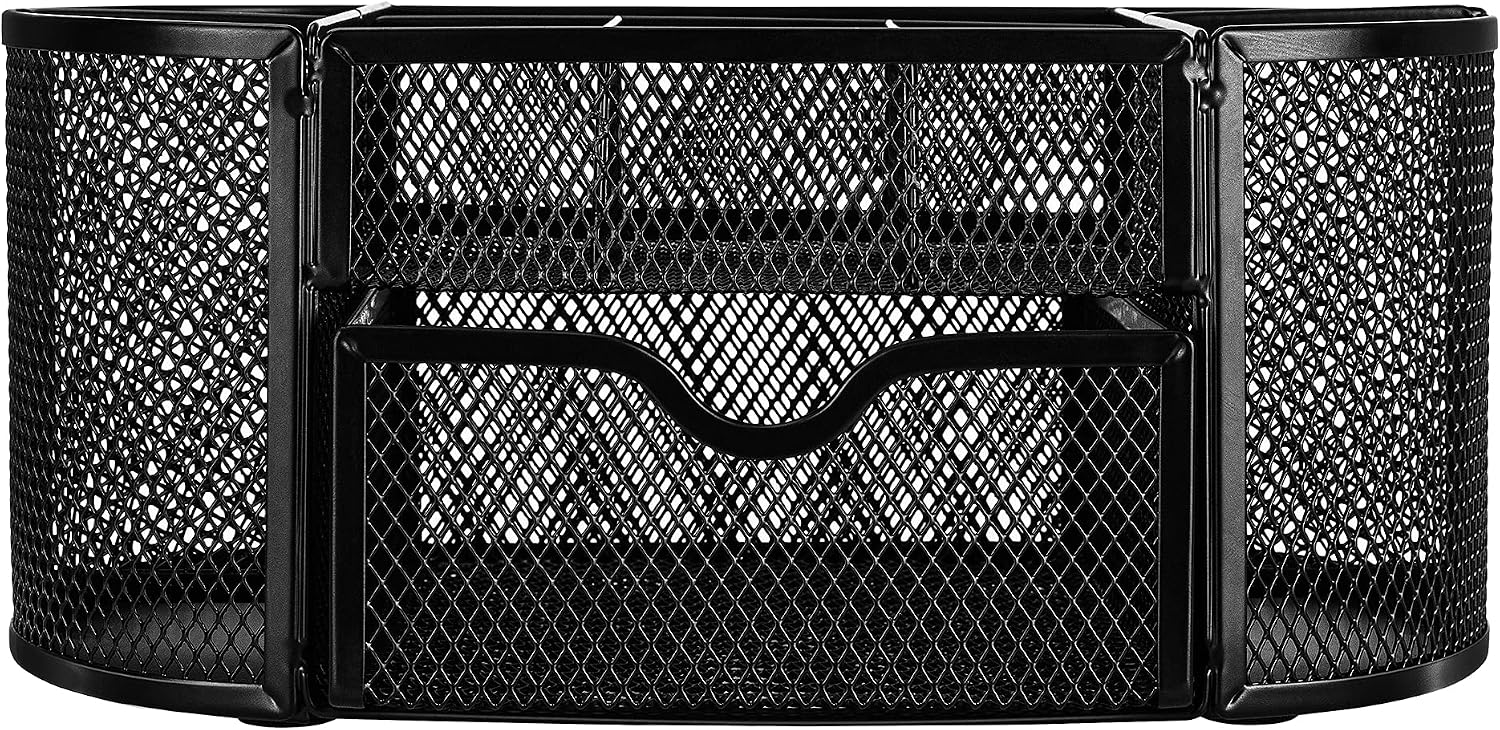 Amazon Basics Mesh Desk Organizer with Pen Holder, Pullout Drawer and Office Caddy Storage, 9.25" x 4.53" x 3.94", Black