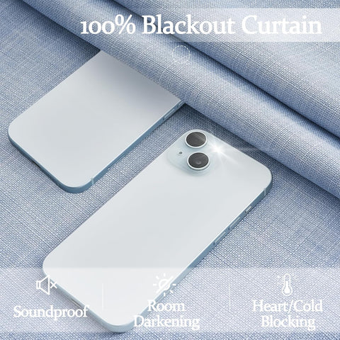 Custom Pale Blue 102 Inch Blackout Curtains for Office 2 Panels Set, Memory Shape Pinch Pleated Thermal Sound Dampening Two Layer Linen Light-Blue Energy Efficient Large Windows Drapes 8-1/2 FT Length