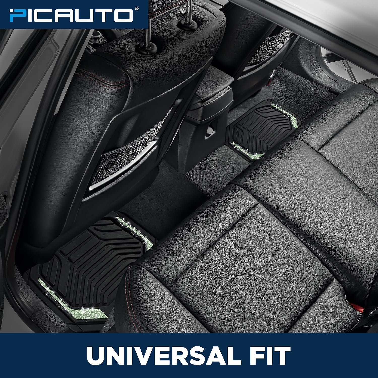 PIC AUTO Car Floor Mats, Green Sparkly Crystal Bling Glitter Car Mats Set, Front and Rear Heavy Duty Rubber Car Mats with Anti-Slip Backing, All Weather, Trim-to-Fit for Automotive SUVs, Sedan, Vans