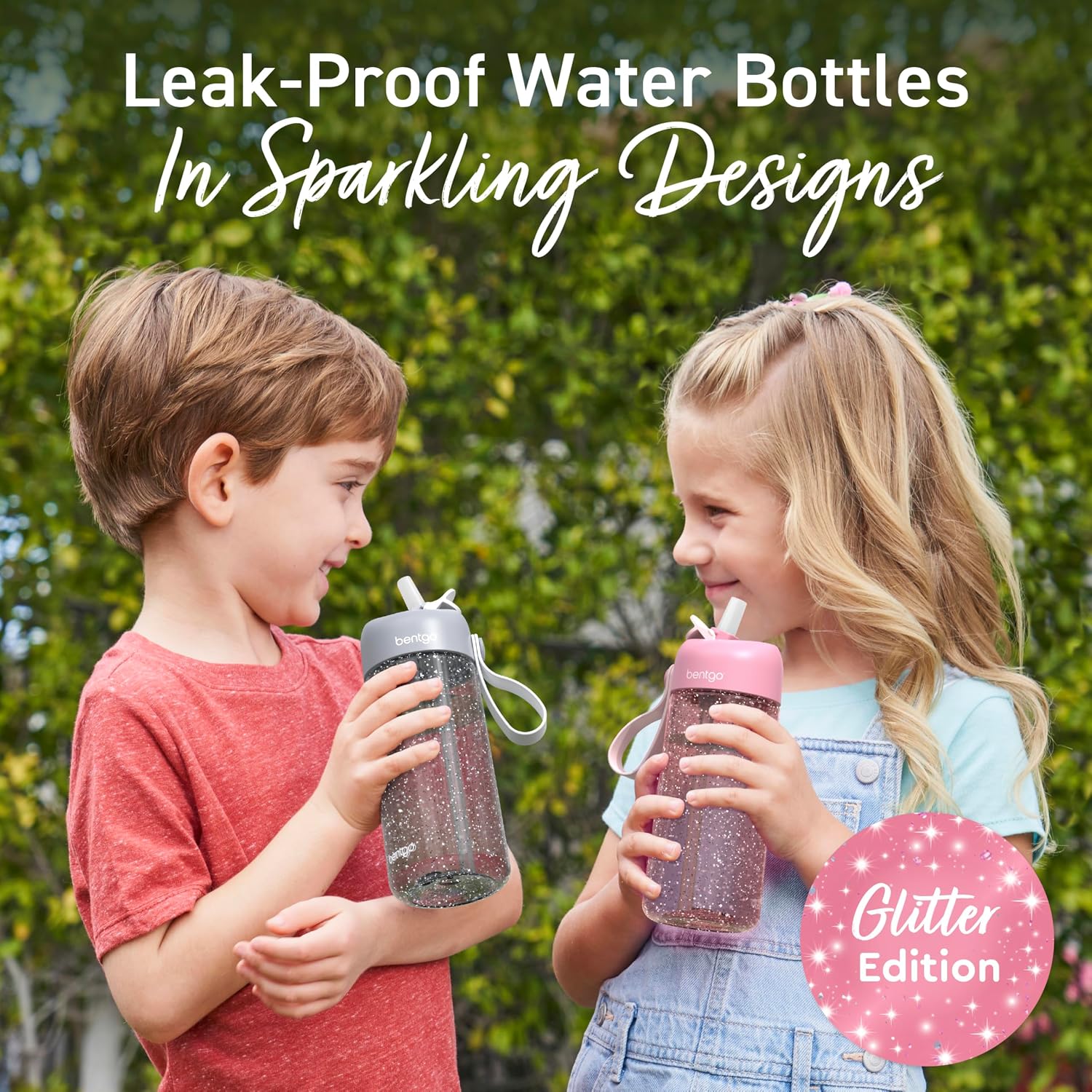 Bentgo Kids Water Bottle - Leak-Proof, Durable Tritan PFAS- & BPA-Free 15 fl oz, Kids/Toddlers Ages 3+ for School & Sports; Bite & Sip Spout, Carrying Handle, Dishwasher Safe (Petal Pink - Glitter)