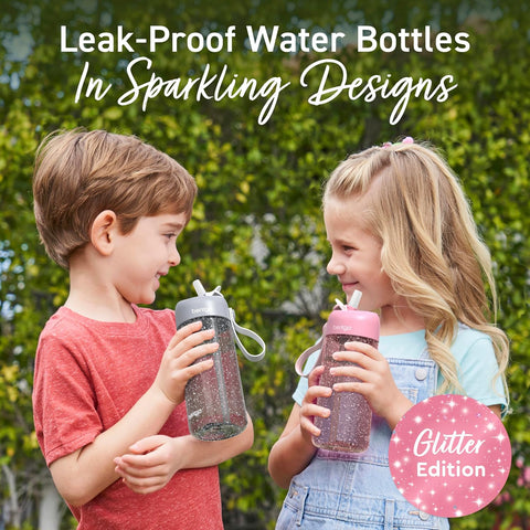 Bentgo Kids Water Bottle - Leak-Proof, Durable Tritan PFAS- & BPA-Free 15 fl oz, Kids/Toddlers Ages 3+ for School & Sports; Bite & Sip Spout, Carrying Handle, Dishwasher Safe (Petal Pink - Glitter)