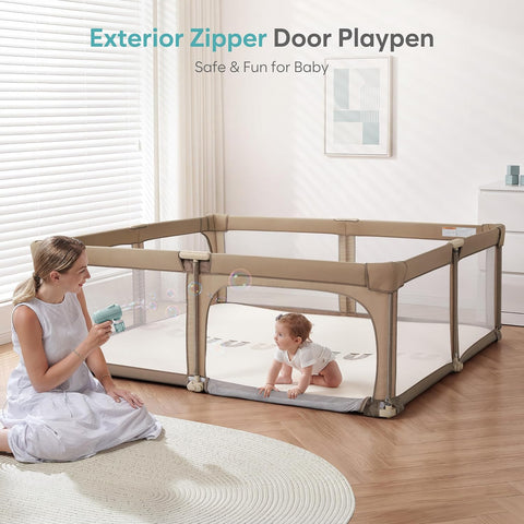 Baby Playpen Portable, Pre-Assembled Play Pen 71x79 Large Foldable Playpen for Babies and Toddlers, Sturdy and Safe Toddler Play Yard Indoor Outdoor with Carry Bag, Dark Khaki