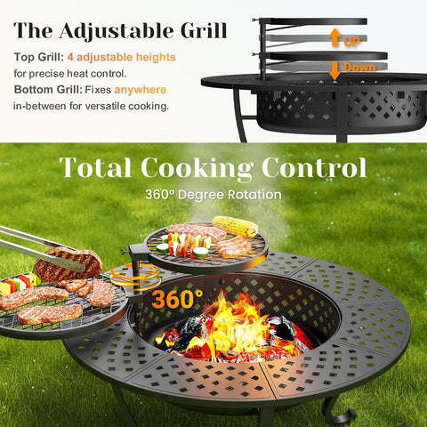 43" Fire Pit, 3 in 1 Firepit with Adjustable 2 Grills for Patio, Party