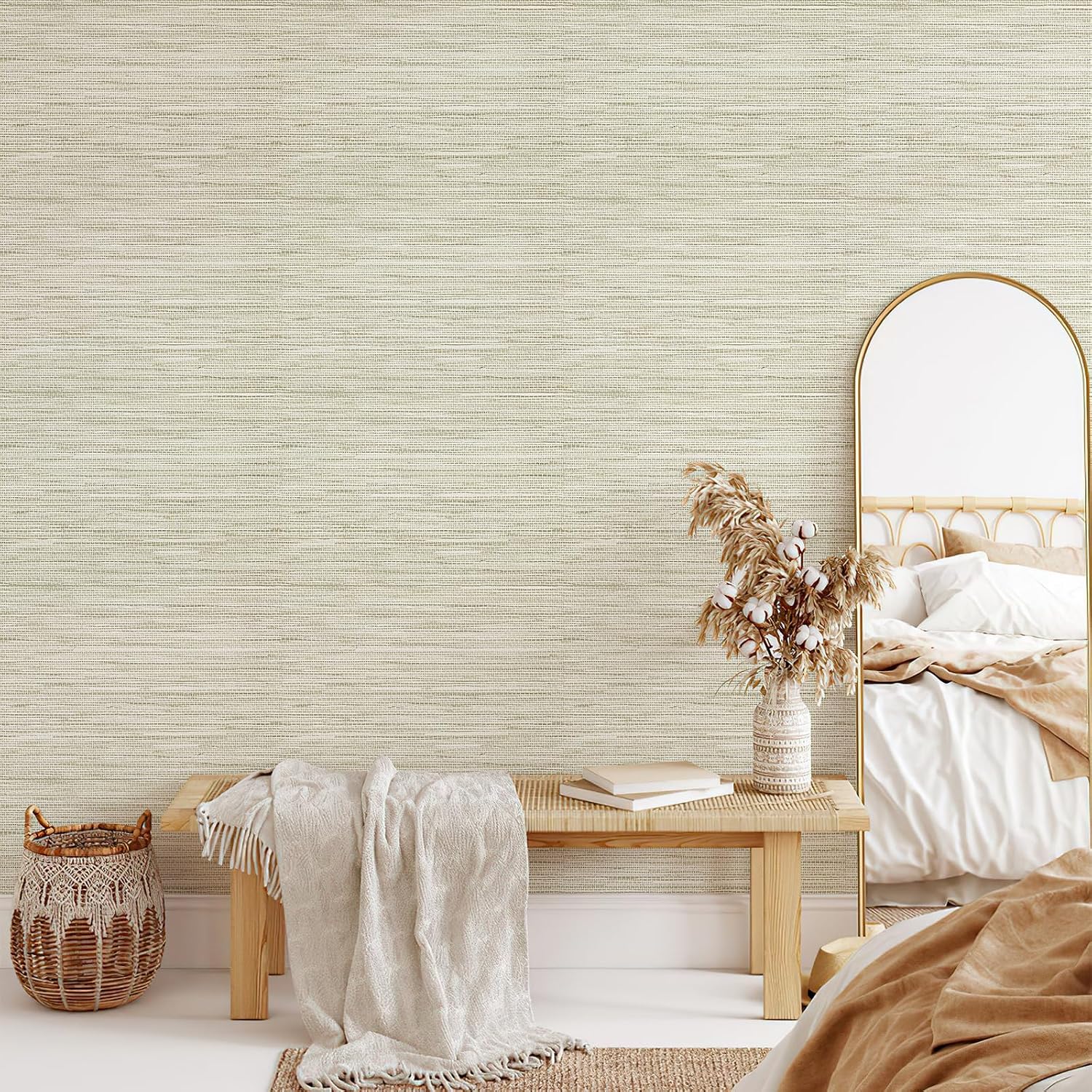 JiffDiff Grasscloth Wallpaper Peel and Stick Cream Grassweave Stick on Wallpaper Textured Self Adhesive Contact Paper 1181" x 17.3"