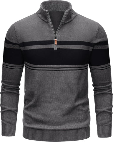 TACVASEN Men's Quarter Zip Sweaters Cotton Pullover Sweater Striped Casual Fall Winter Warm Pullover Sweatshirts