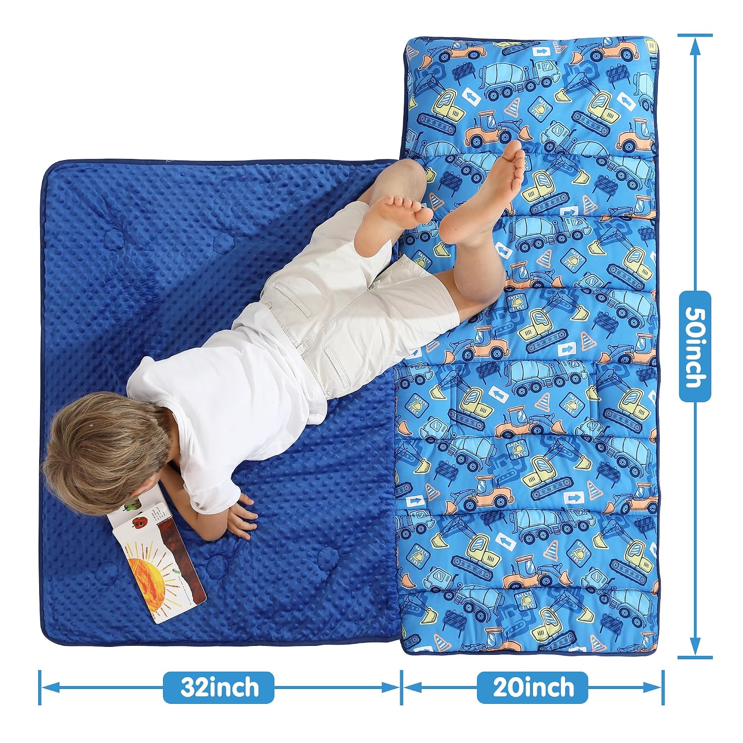 Viviland Toddler Kid Nap Mat for Preschool, Boys Blue Car Slumber Bag, Daycare Bag with Pillow and Blanket, Kindergarten Mat