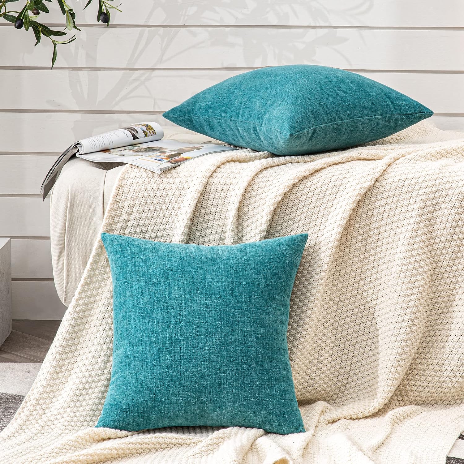 GAWAMAY Teal Chenille Throw Pillow Covers 24x24 Set of 2 for Couch
