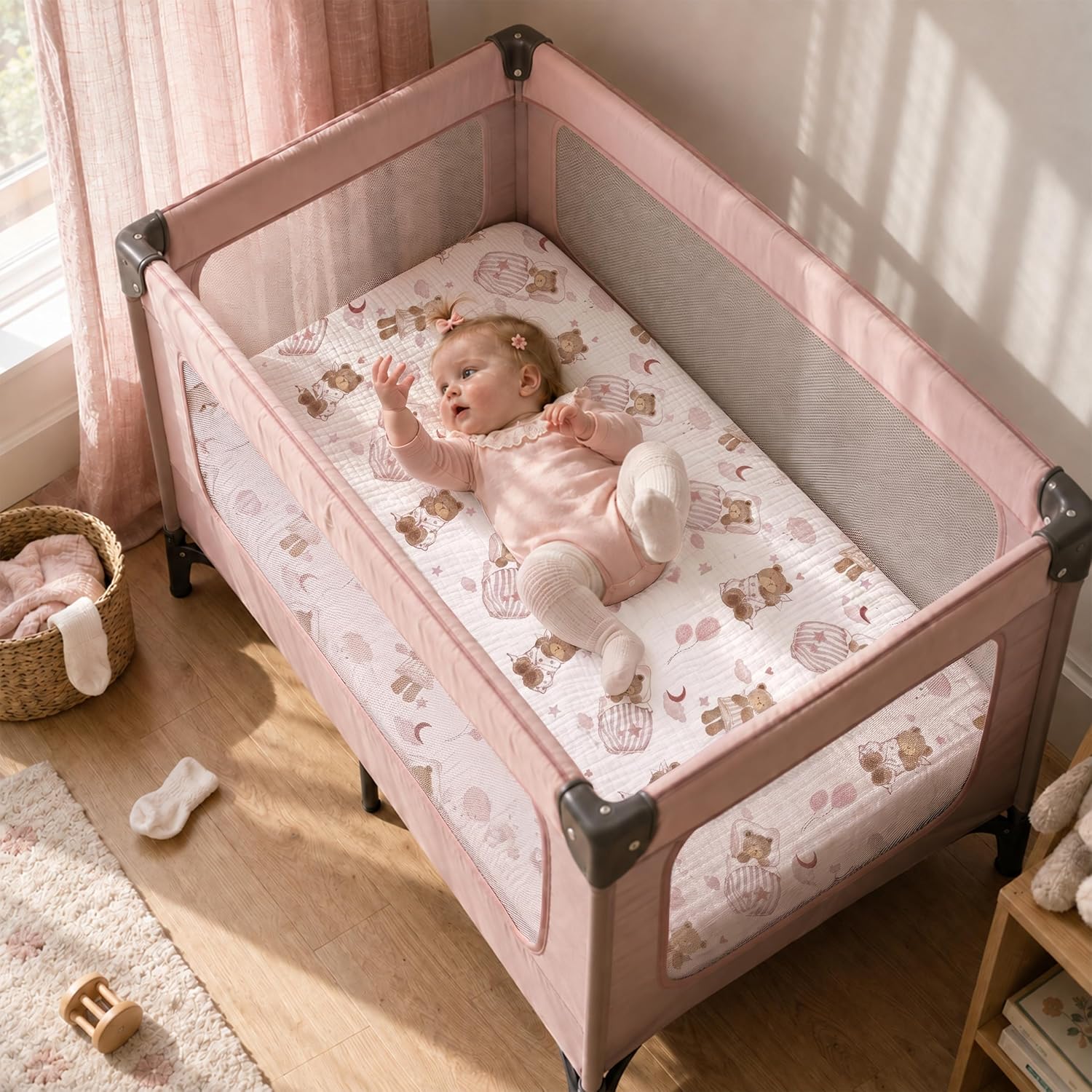 Muslin Mini Crib Sheets for Boys Girls, 38x26 Pack N Play Fitted, 2-Pack