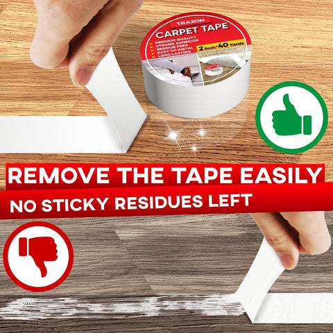 Trazon Carpet Tape Double Sided - 2 in / 120 Ft (40 Yards) Tape Grippers for Hardwood Floors and Area Rugs - Strong Adhesive and Removable, Heavy Duty Stickers, Residue Free