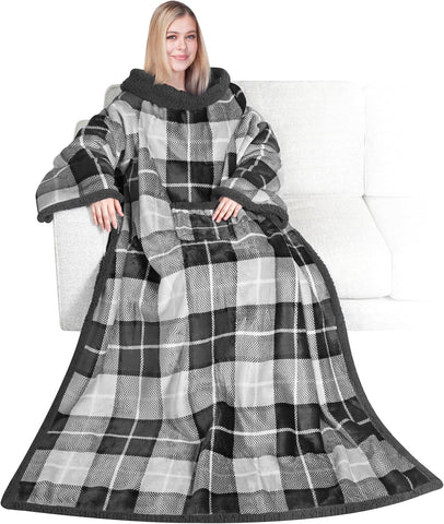 PAVILIA Wearable Blanket with Sleeves and Pocket for Women Men, Sherpa Trim