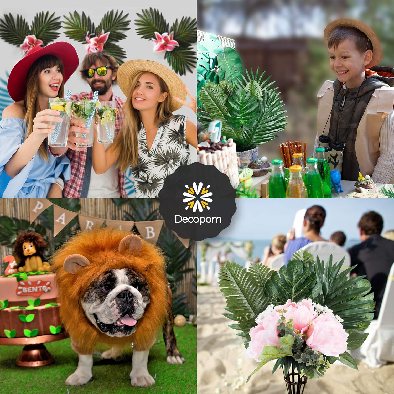 Decopom Artificial Palm Leaves 60-108 Pack - 6 Kinds Large Small Green Fake Palm Leaf with Stems for Safari Jungle Hawaiian Luau Party Table Decoration Wedding Birthday