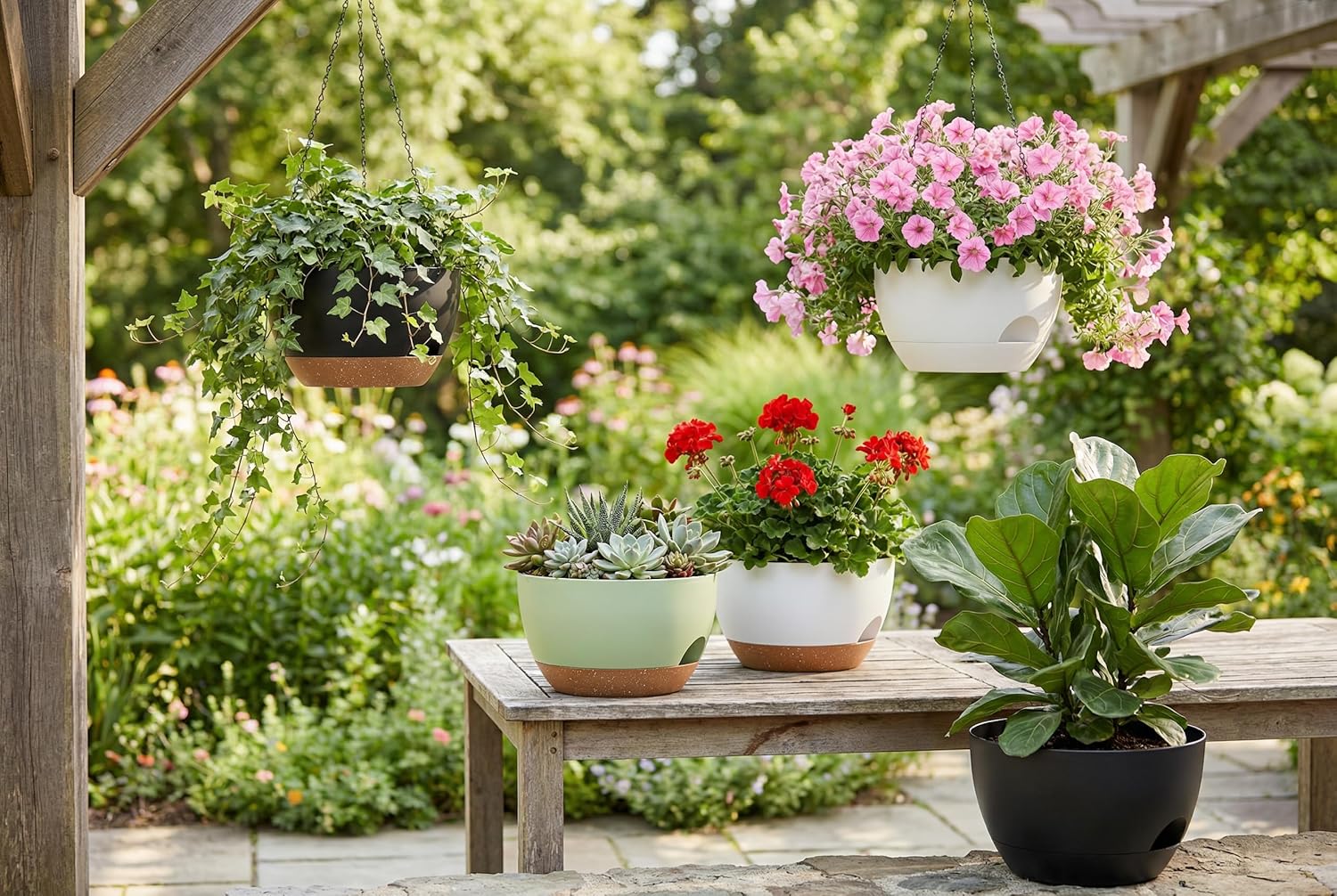 Hanging Planters 3-Pack, 8 Inch Self-Watering Hanging Pots with Drainage Hole and Chains, Plastic Planters for Indoor Outdoor（Black Brown）