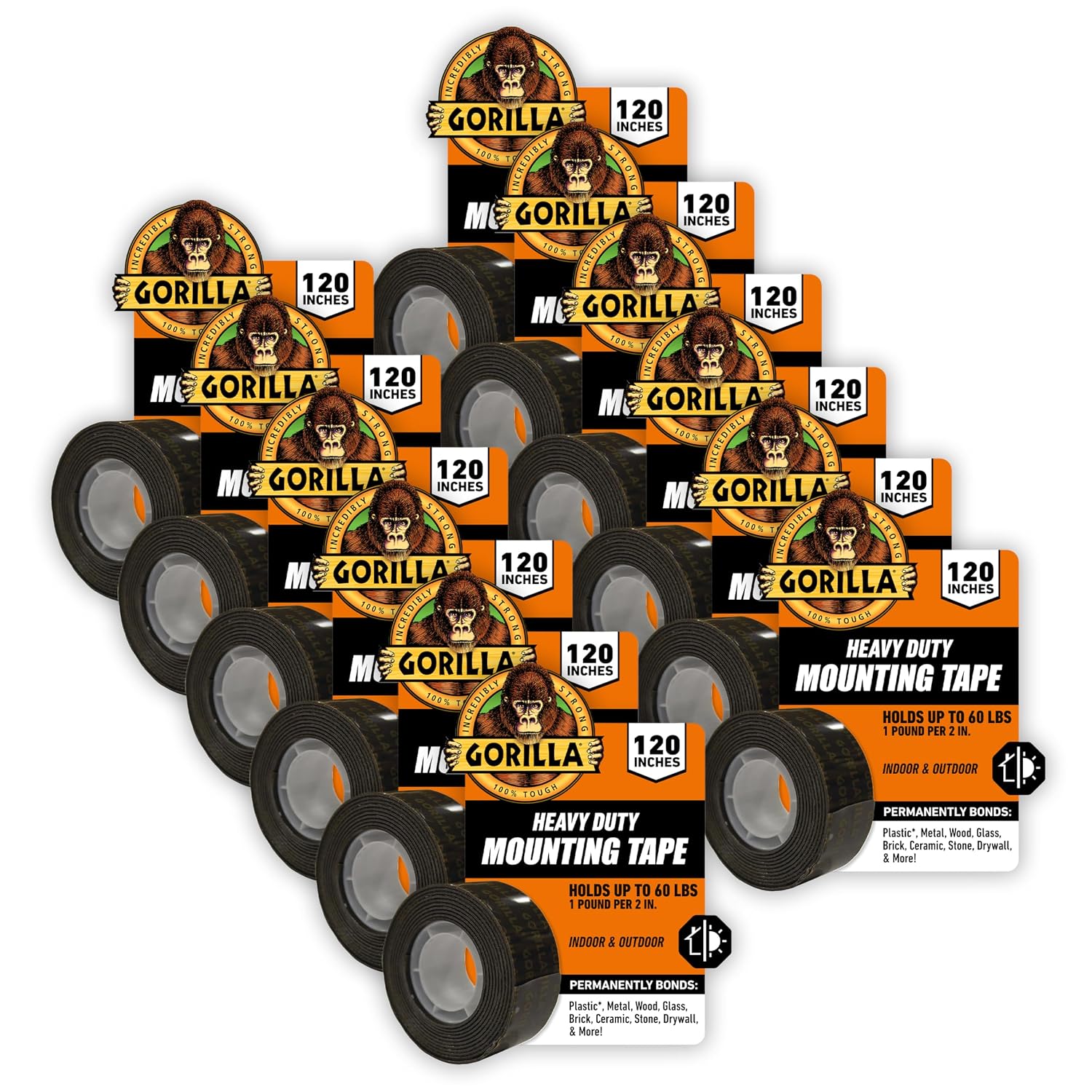 Gorilla Heavy Duty Double Sided Mounting Tape, Black Tape, 1" x 120" (Pack of 12) - Weatherproof for Indoor or Outdoor