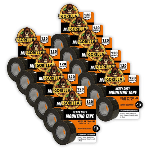 Gorilla Heavy Duty Double Sided Mounting Tape, Black Tape, 1" x 120" (Pack of 12) - Weatherproof for Indoor or Outdoor