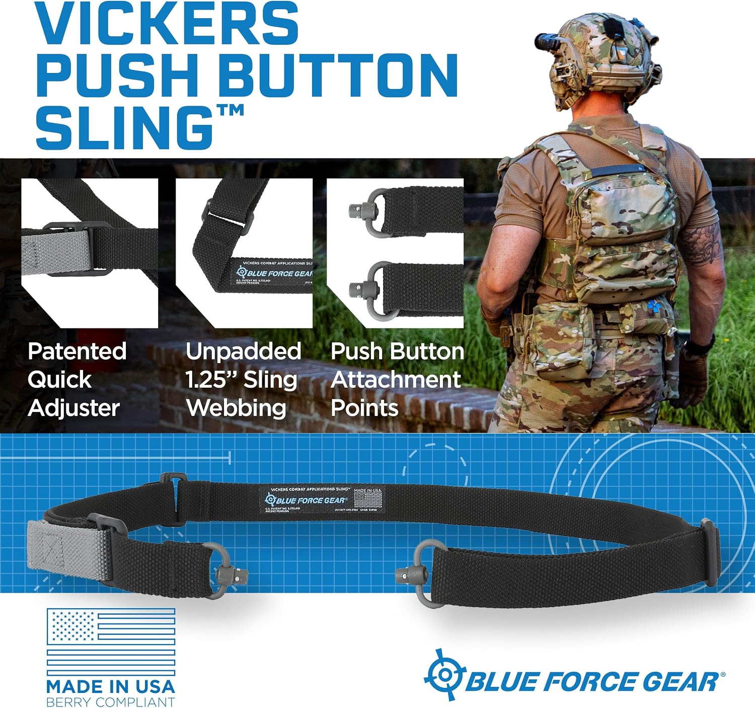 Blue Force Gear Push Button 2-Point Adjustable Sling 1.25” Wide