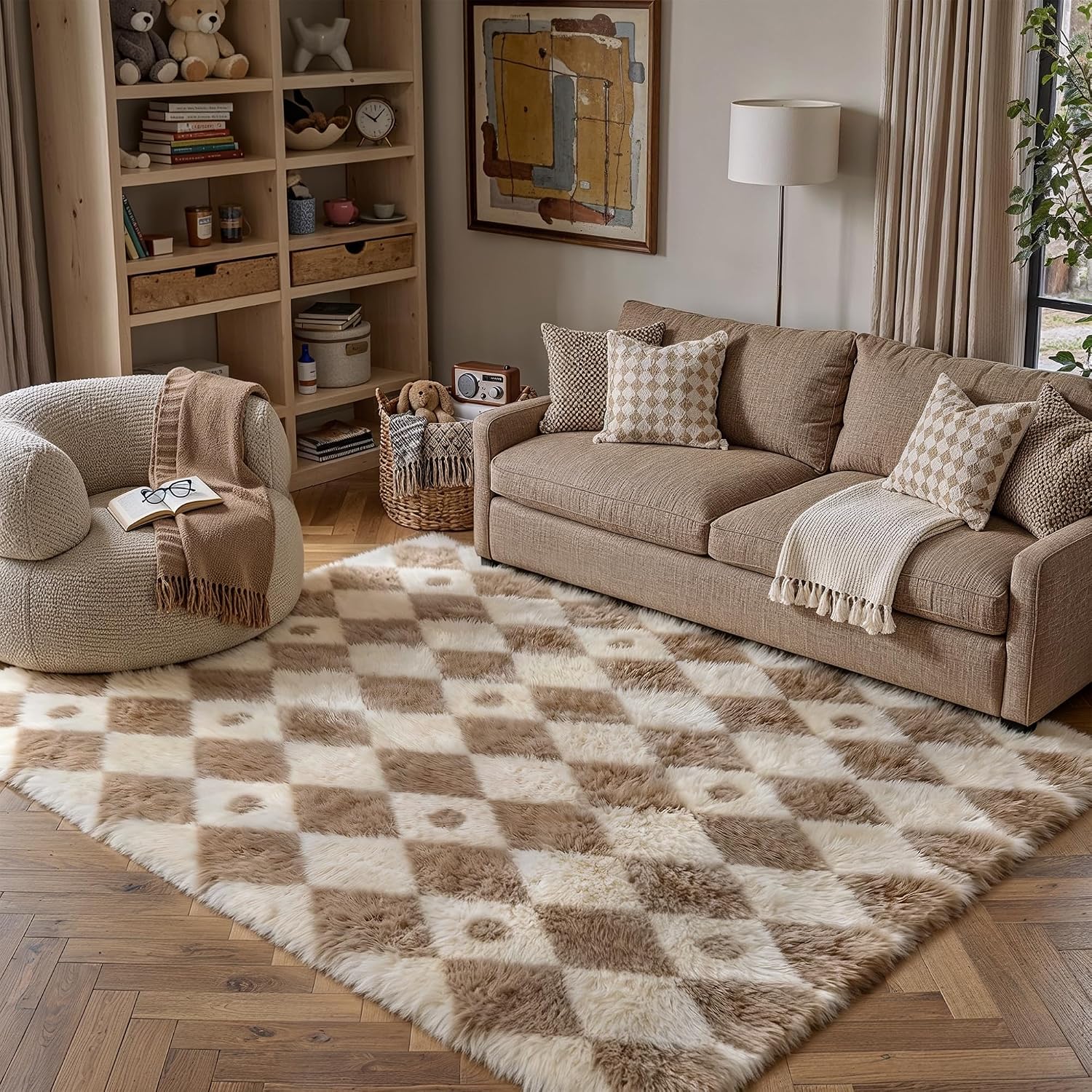PureCozy Brown 5x7 Area Rug for Living Room Soft Checkered Shag Carpet