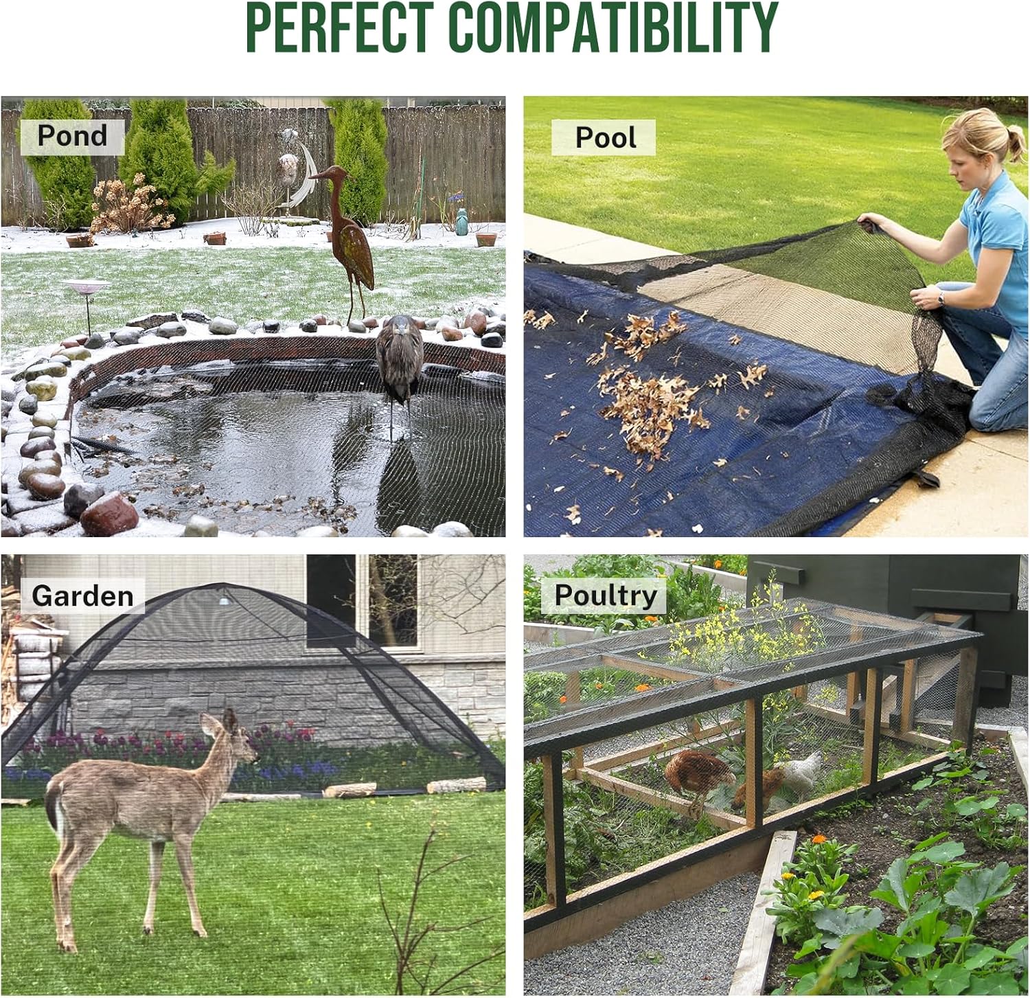 Pond Netting for Koi Ponds, 7 x 10ft Koi Pond Net Cover, Durable & Sturdy Pond Netting Cover for Leaves, Protect Koi Fish Against Herons, Raccoons, Cats & Predators, 12pcs Stakes Included