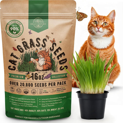 Organo Republic Cat Grass Seeds Mix - 20,800 Non-GMO Heirloom Seeds for Cats & Pets, 16 oz Pack for Growing Fresh Barley, Oat, Rye & Wheat Grass Seeds for Planting, Indoor Plants, Hairball Remedy
