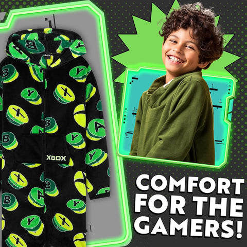 Xbox One Piece Pajamas for Boys, Teens, Fleece Jumpsuit, Pajama Set, Sleepwear PJs, Loungewear, Gamer Gifts for Boys