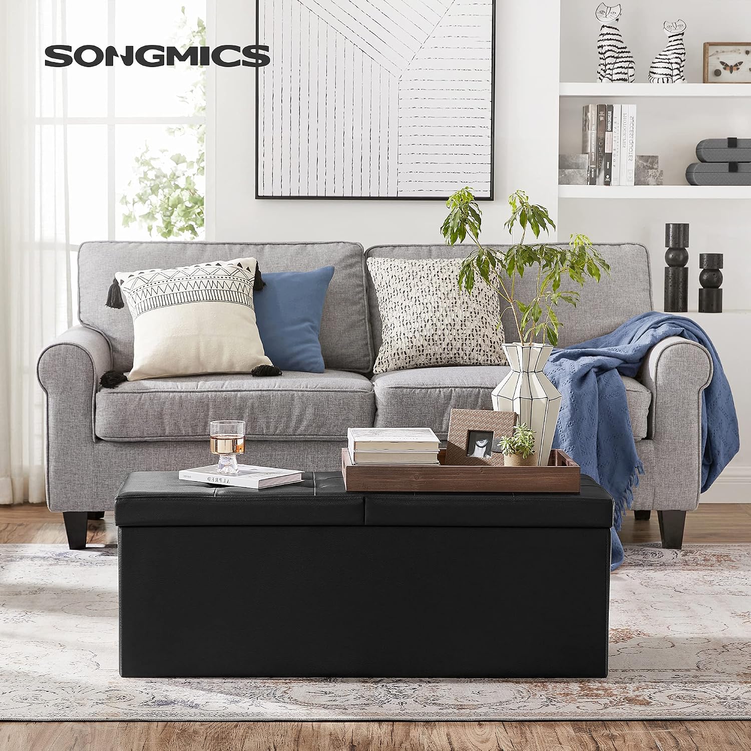 SONGMICS 43.3 Inches Folding Storage Ottoman Bench with Flipping Lid