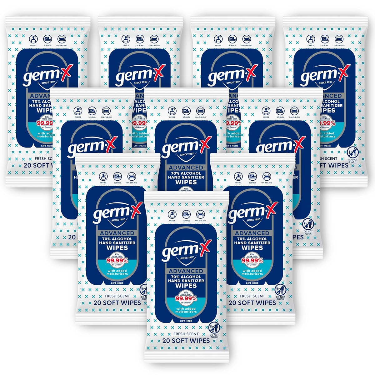 Germ-X Advanced Single-Use Hand Sanitizer Wipes, 20 Soft Wipes (Pack of 10), Fast-Drying & No Rinse Plant-Based Alcohol, Moisturizing Hand Sanitizer with 70% Alcohol