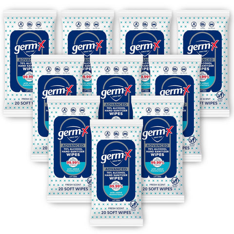 Germ-X Advanced Single-Use Hand Sanitizer Wipes, 20 Soft Wipes (Pack of 10), Fast-Drying & No Rinse Plant-Based Alcohol, Moisturizing Hand Sanitizer with 70% Alcohol