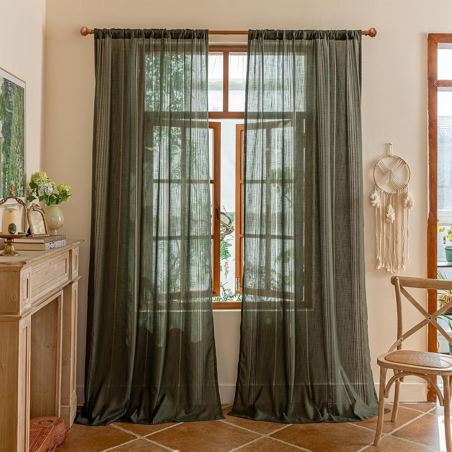 MYSKY HOME Bohemian Living Room Curtains Semi Sheers Long Drapes Light Filtering Privacy Protect Farmhouse Style Hollowed-Out Curtain for Sliding Glass Door, 50" W×90" L, Olive Green, 2 Panels