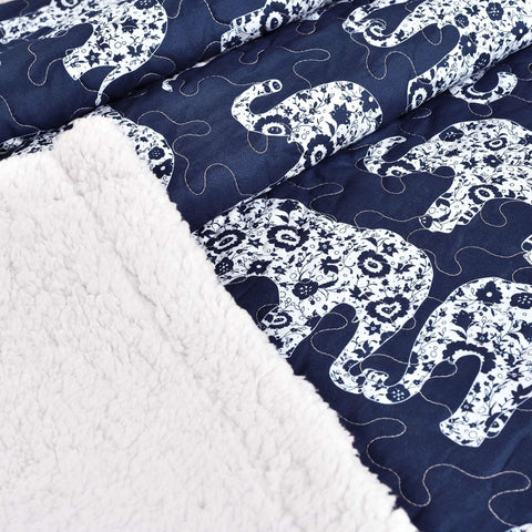 Lush Decor Navy Elephant Parade Throw Fuzzy Reversible Sherpa Blanket 60” x 50 White
