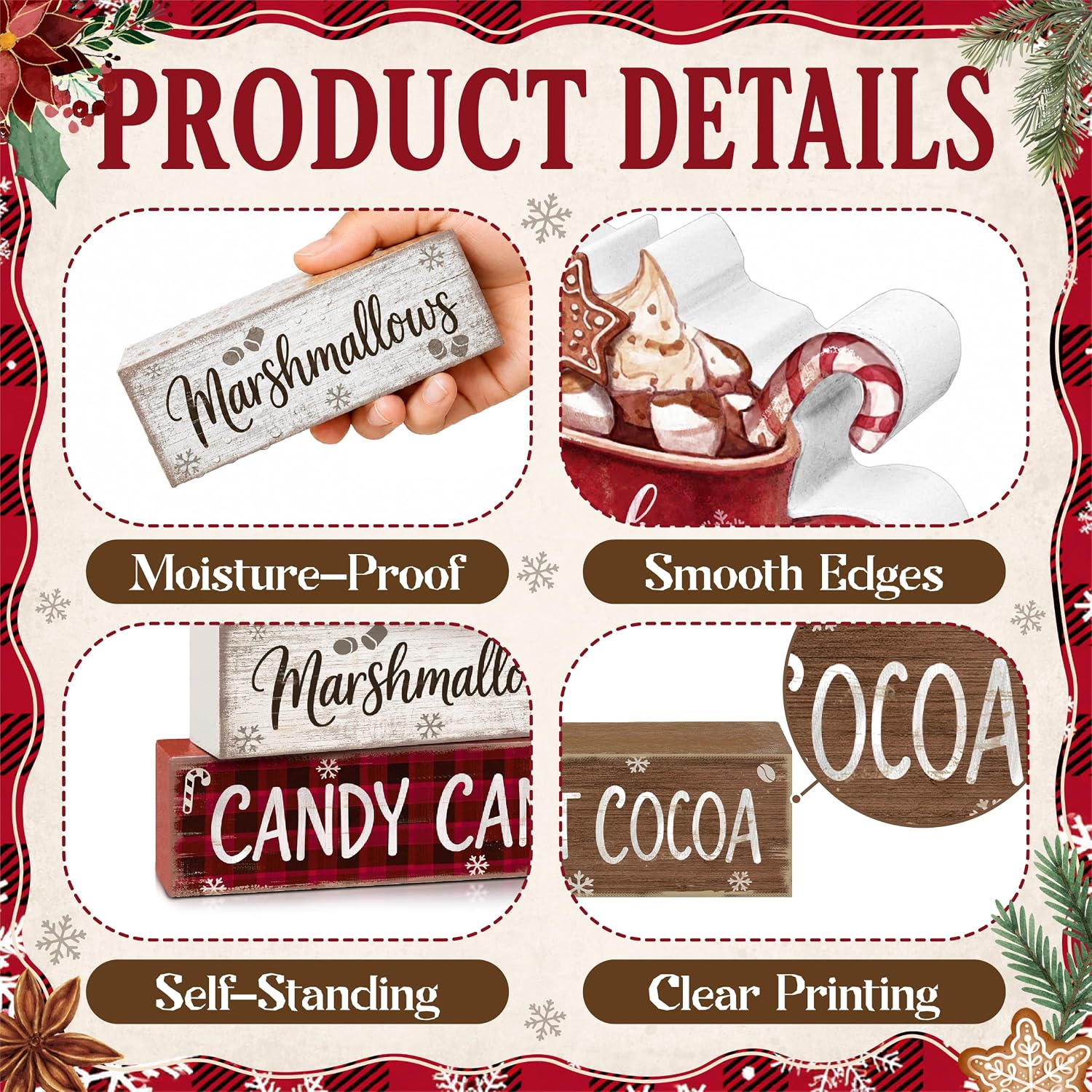 4 Pcs Christmas Table Decorations, Wooden Hot Cocoa Decor Indoor